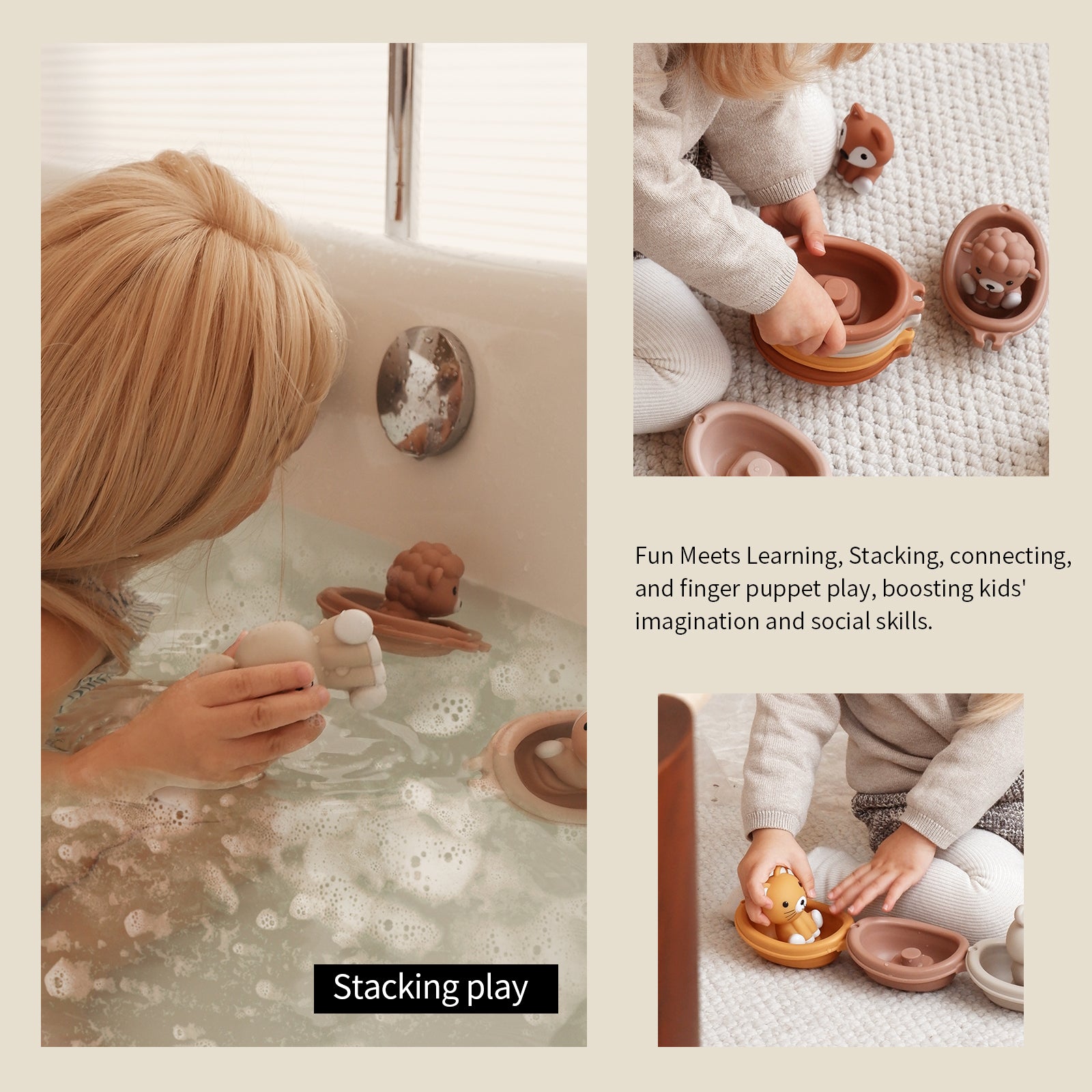 2-in-1 Stackable Boats & Animal Puppets | 6 Pack